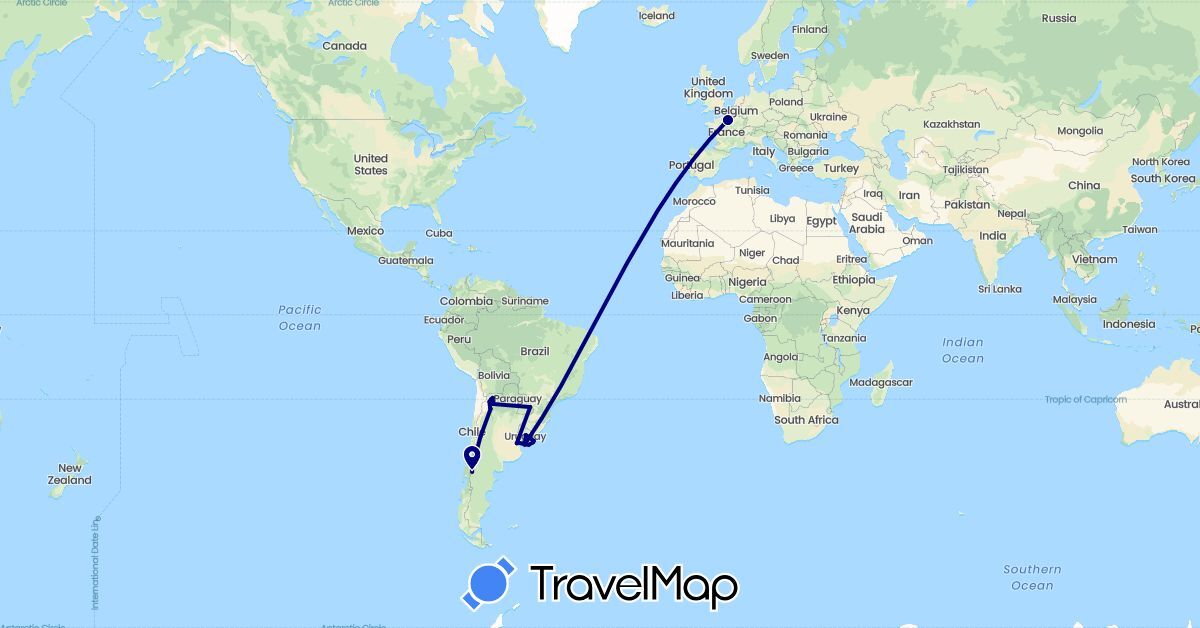 TravelMap itinerary: driving in Argentina, France, Uruguay (Europe, South America)